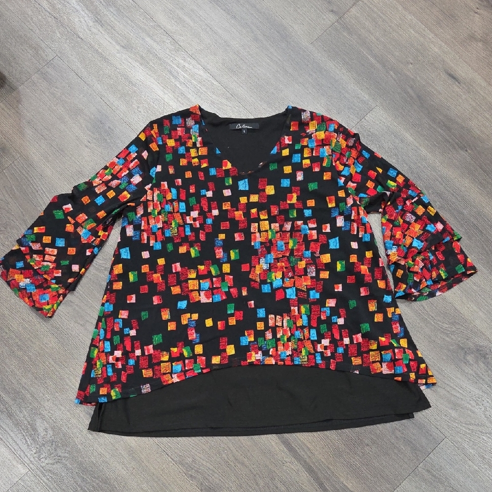 Coldwater Creek Black Multicolor Square-Print V-Neck Blouse